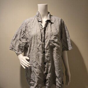 Flax Linen Striped Button Down Shirt Lagenlook Short Sleeved Blue White S